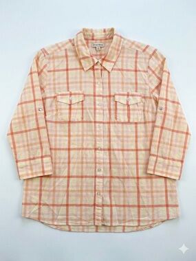 Studio Works Peach and Cream Plaid Button-Down Shirt